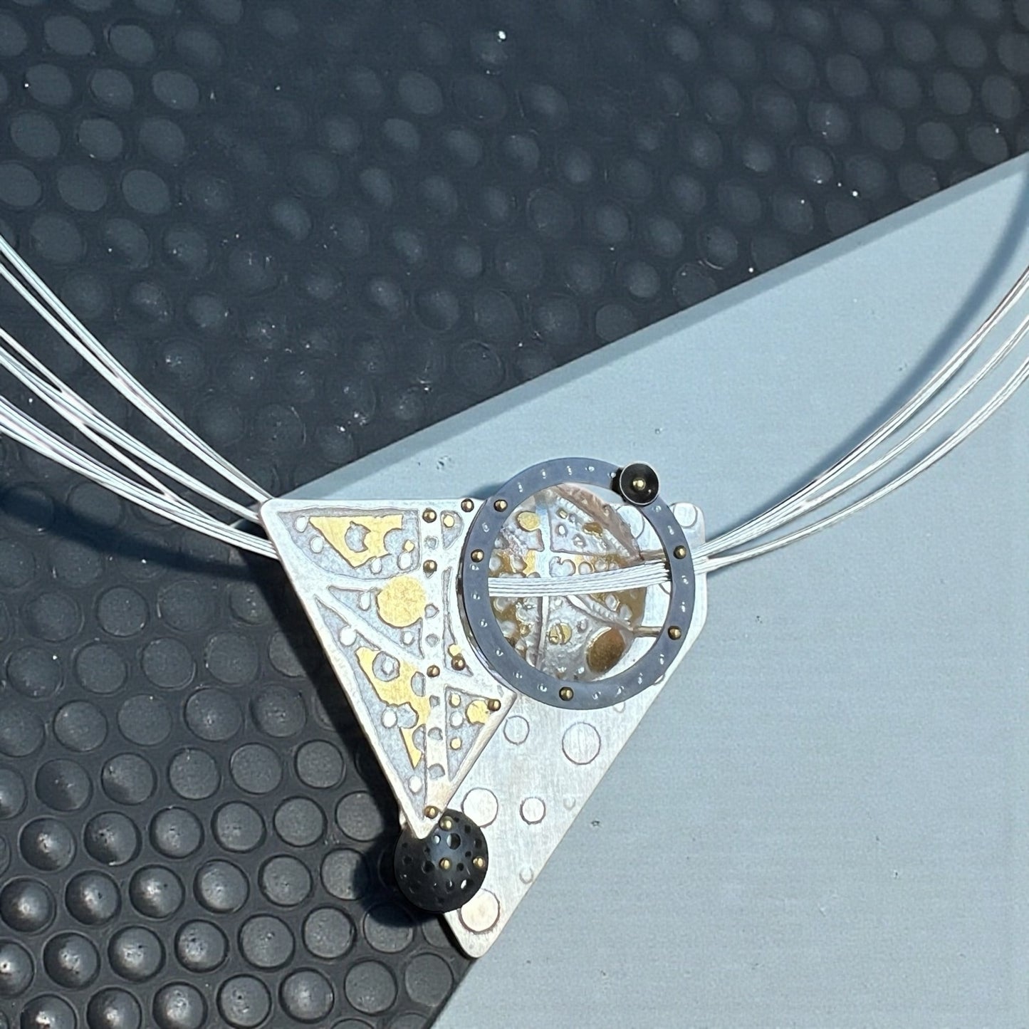 Geometric Mixed-Metal Pendant in Fine Silver, 24K Gold & Black Steel