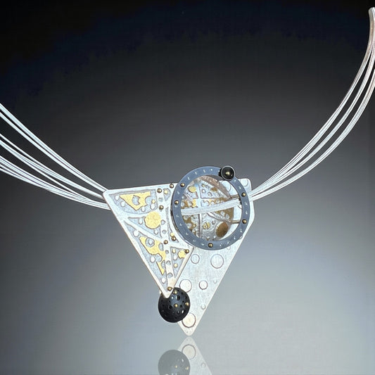 Geometric Mixed-Metal Pendant in Fine Silver, 24K Gold & Black Steel