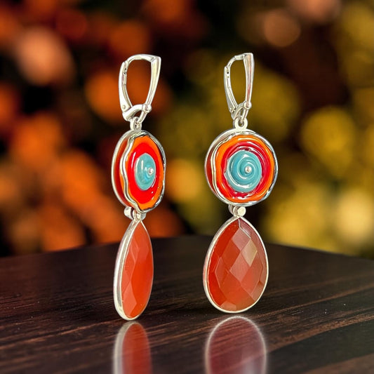 Turquoise Colorburst Glass & Red Onyx Earrings