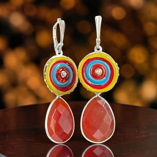 Jewel-Tone Concentric Glass & Red Onyx Earrings