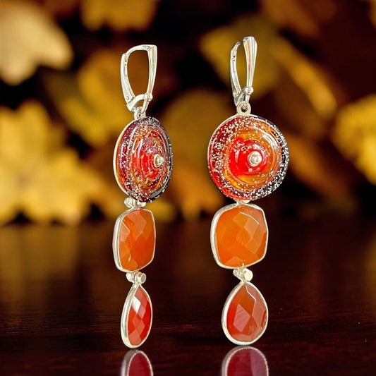 Firelight Kinetic Earrings in Lampwork Glass and Orange Gemstones