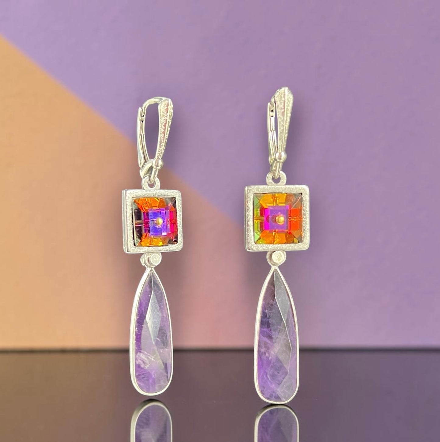 Violet Prism – Swarovski Crystal & Amethyst Dangle Earrings