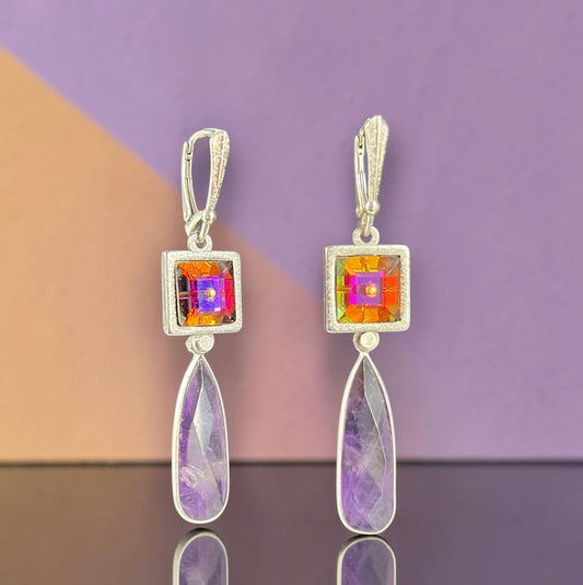Violet Prism – Swarovski Crystal & Amethyst Dangle Earrings