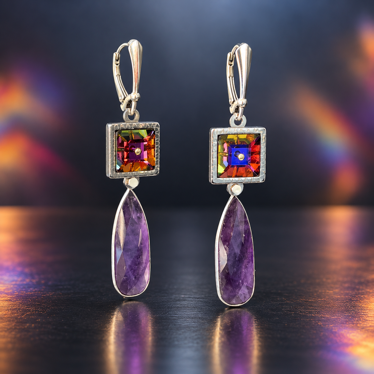 Pair of handmade statement drop earrings featuring faceted purple amethyst teardrops and vibrant multicolored square gemstones in silver-tone settings with elegant lever-back ear wires.