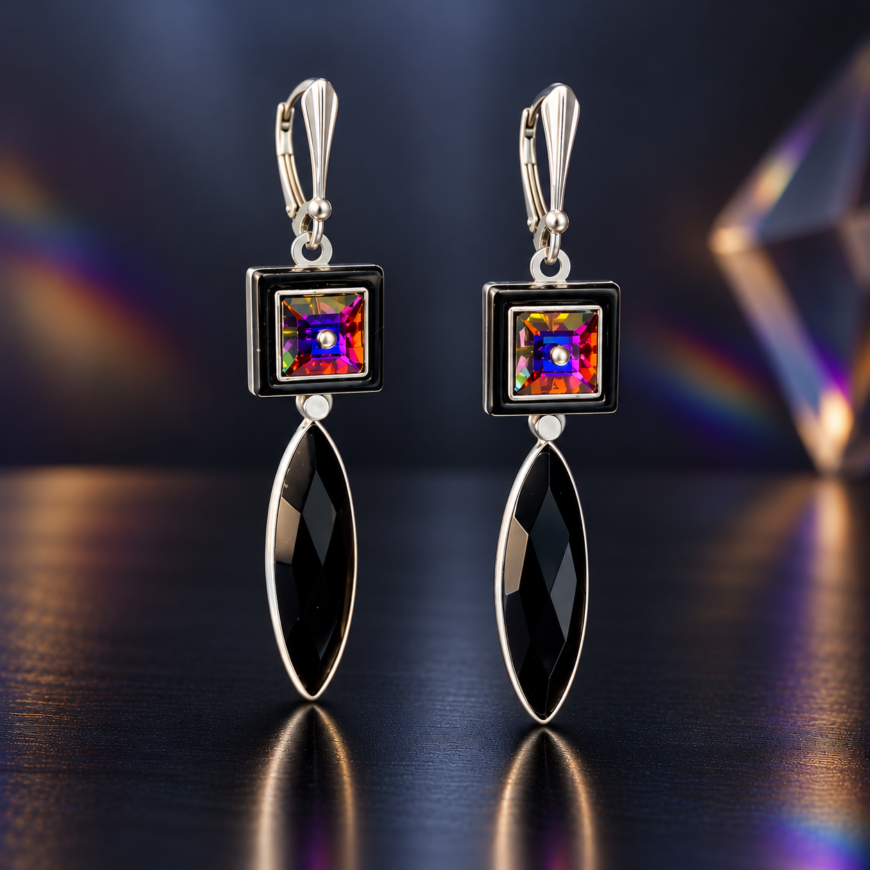 Aurora Noir kinetic drop earrings featuring multicolored vintage Swarovski crystals in layered black square settings, elongated faceted black onyx marquise drops in sterling silver bezels, and polished silver lever-back ear wires.