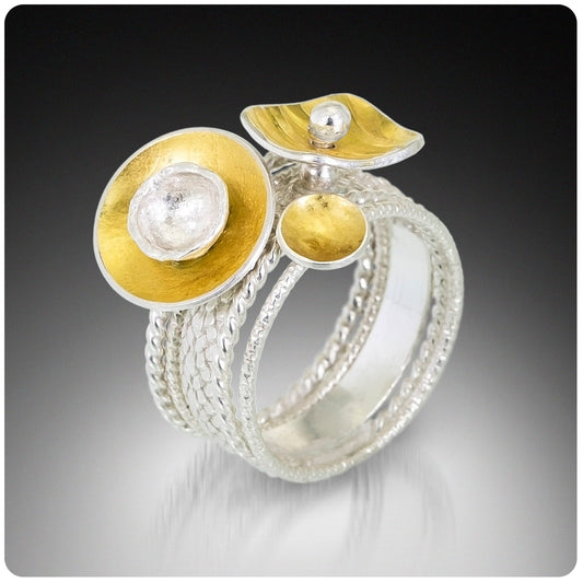5 Piece Kinetic Stacking Ring set 24K gold, sterling size 7 1/2