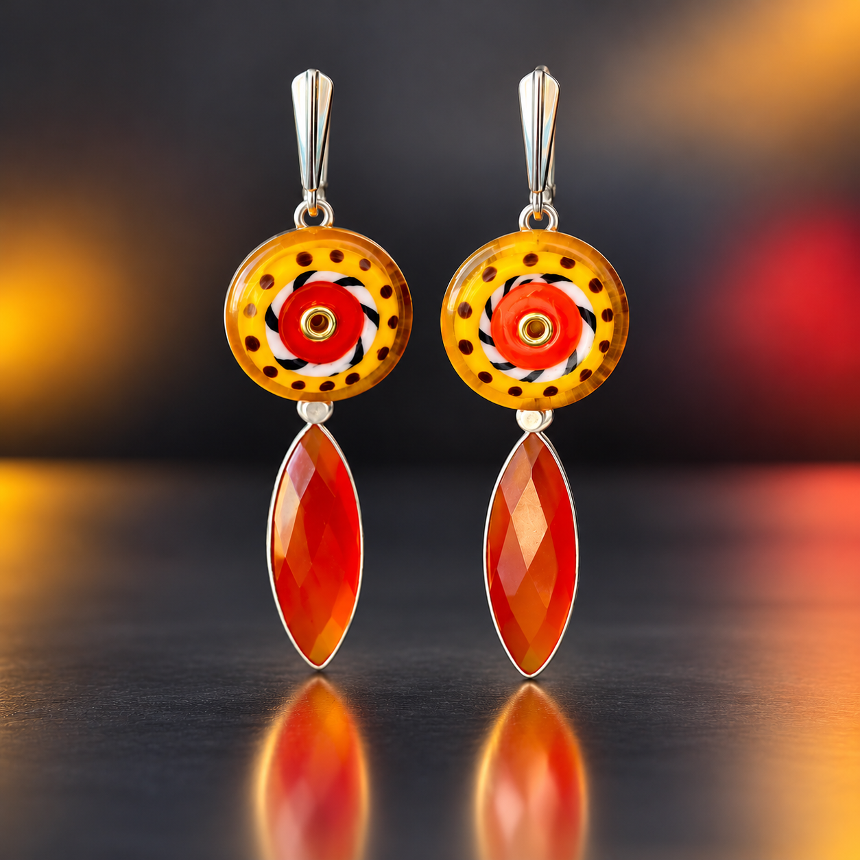Amber Target Lampwork Glass & Red Onyx Earrings