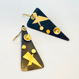 Asymmetrical black and gold steel dangle earrings art jewelry