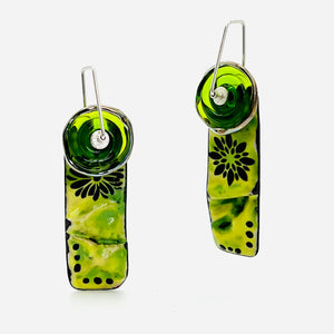 Floral green enamel and glass earrings