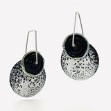 Handmade black and white speckled design vitreous enamel earrings with black lamp work glass bead, sterling silver ear wires.