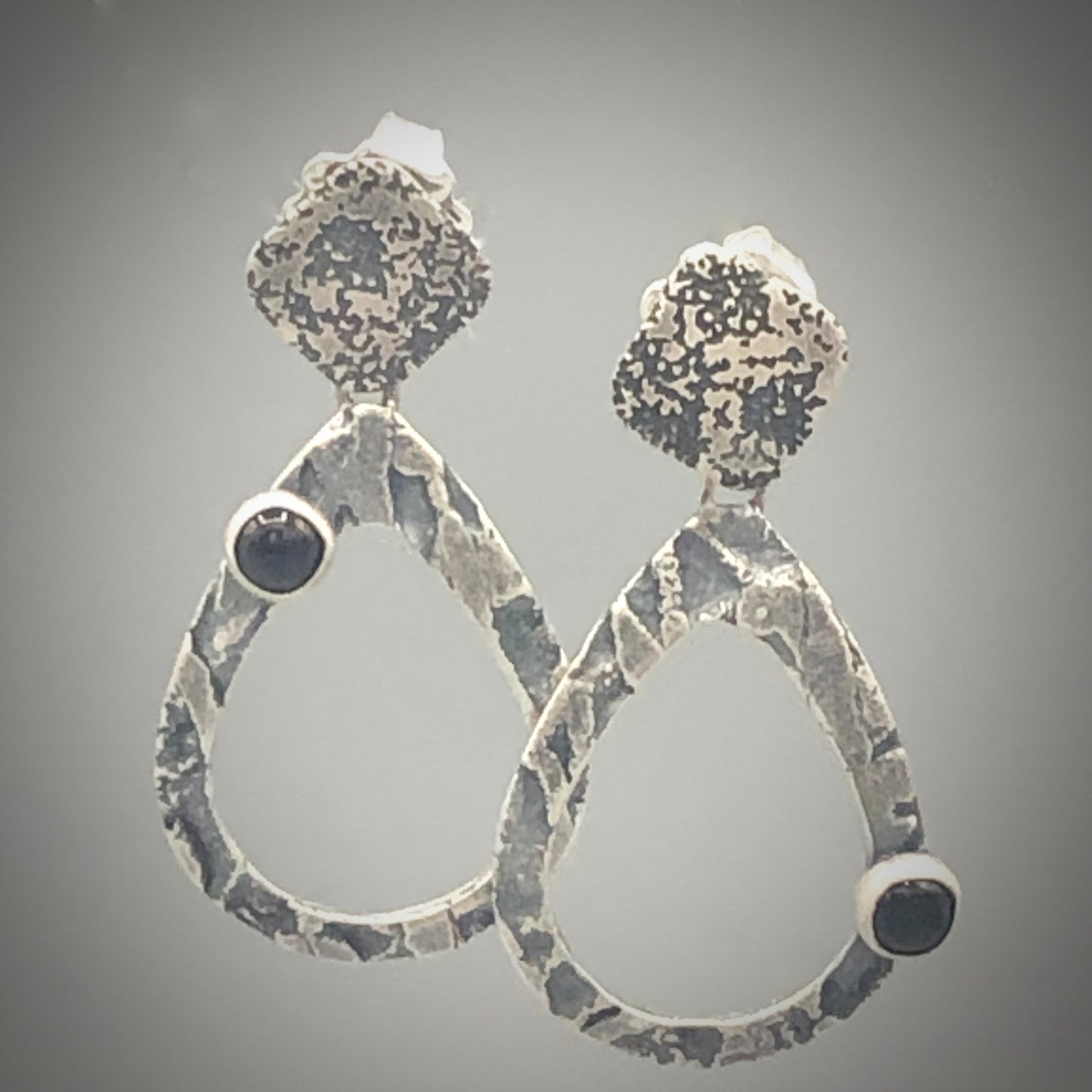 "Tear Drop Black Onyx"...post back sterling dangle earrings