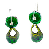 Nature inspired leaf shape vitreous enamel dangle earrings, sterling silver ear wires. Gorgeous in greens and purples with lamp work glass accent bead