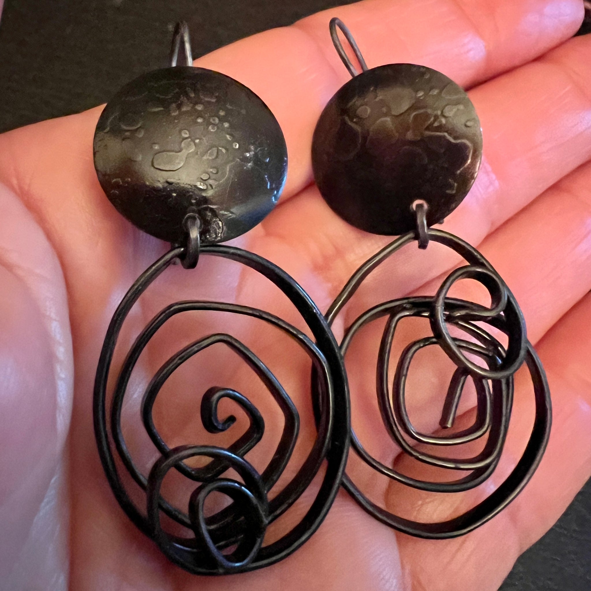 Unique deep black iron dangle earrings handmade steel wire