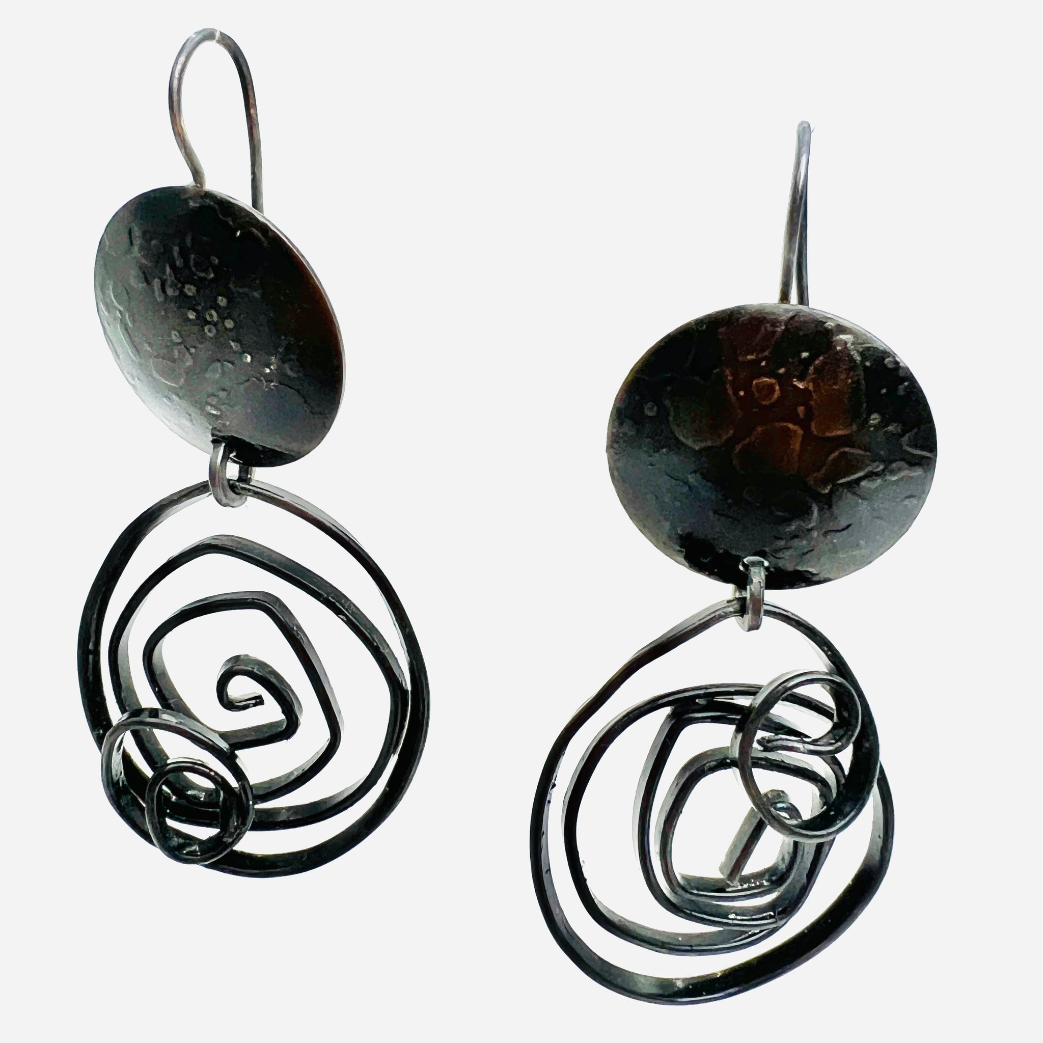 Unique deep black iron dangle earrings handmade steel wire