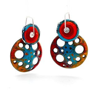 Colorful vitreous enamel dangle earrings with sterling silver ear wires.