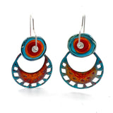 Colorful vitreous enamel circle fan shape handmade quinceañera dangle earrings, sterling silver ear wires