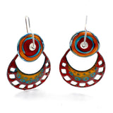 Colorful vitreous enamel circle fan shape handmade summer dangle earrings, sterling silver ear wires