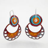 Colorful vitreous enamel circle fan shape handmade summer dangle earrings, sterling silver ear wires