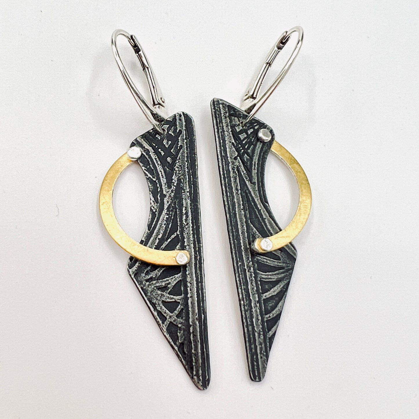 "Hand painted Cosmos"....contemporary steel and 24K gold dangle earrings