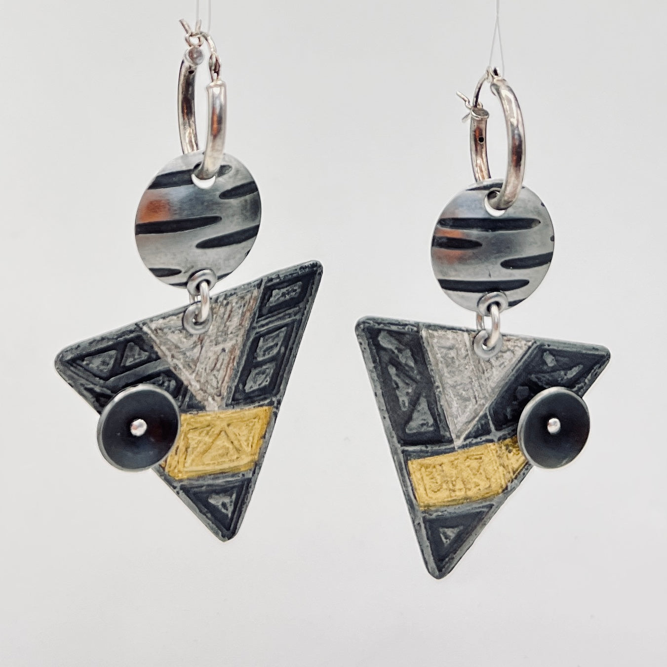 "Geometry in Space"....contemporary steel and 24K gold dangle earrings