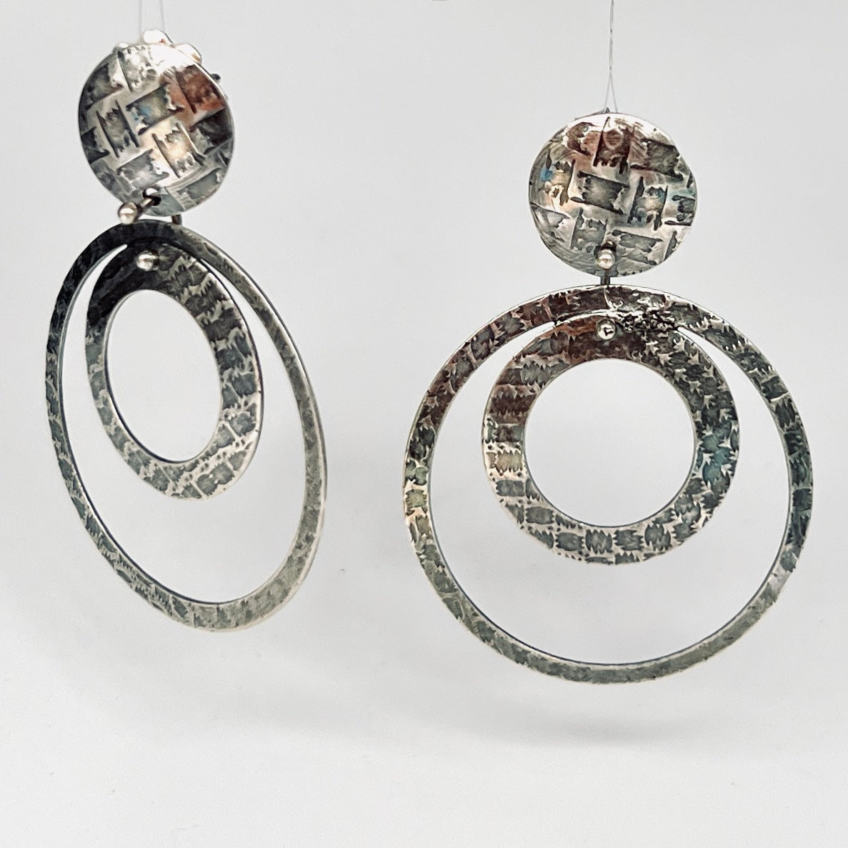 "Tartan Plaid Circle Dangles"....Triple Sterling Silver Post Back Hoops