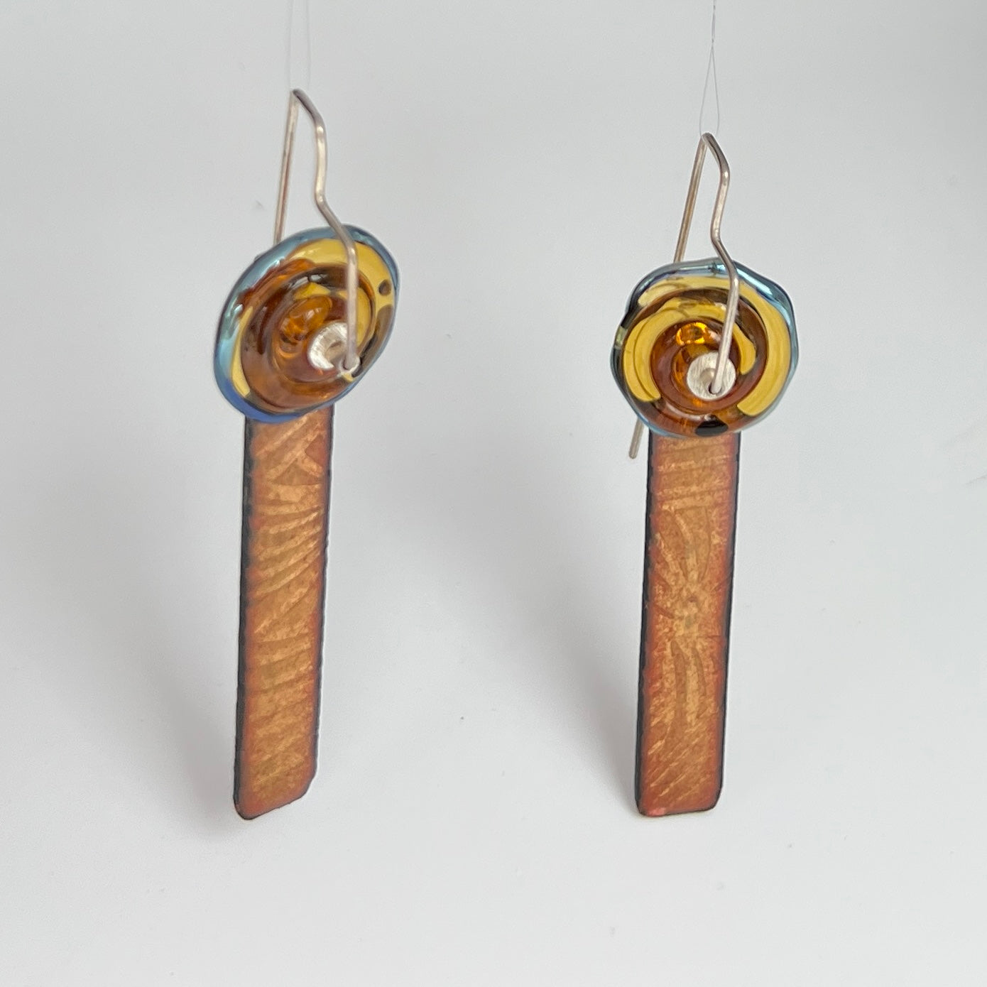 Etching meet Enameling 2...amber and gold slender dangles