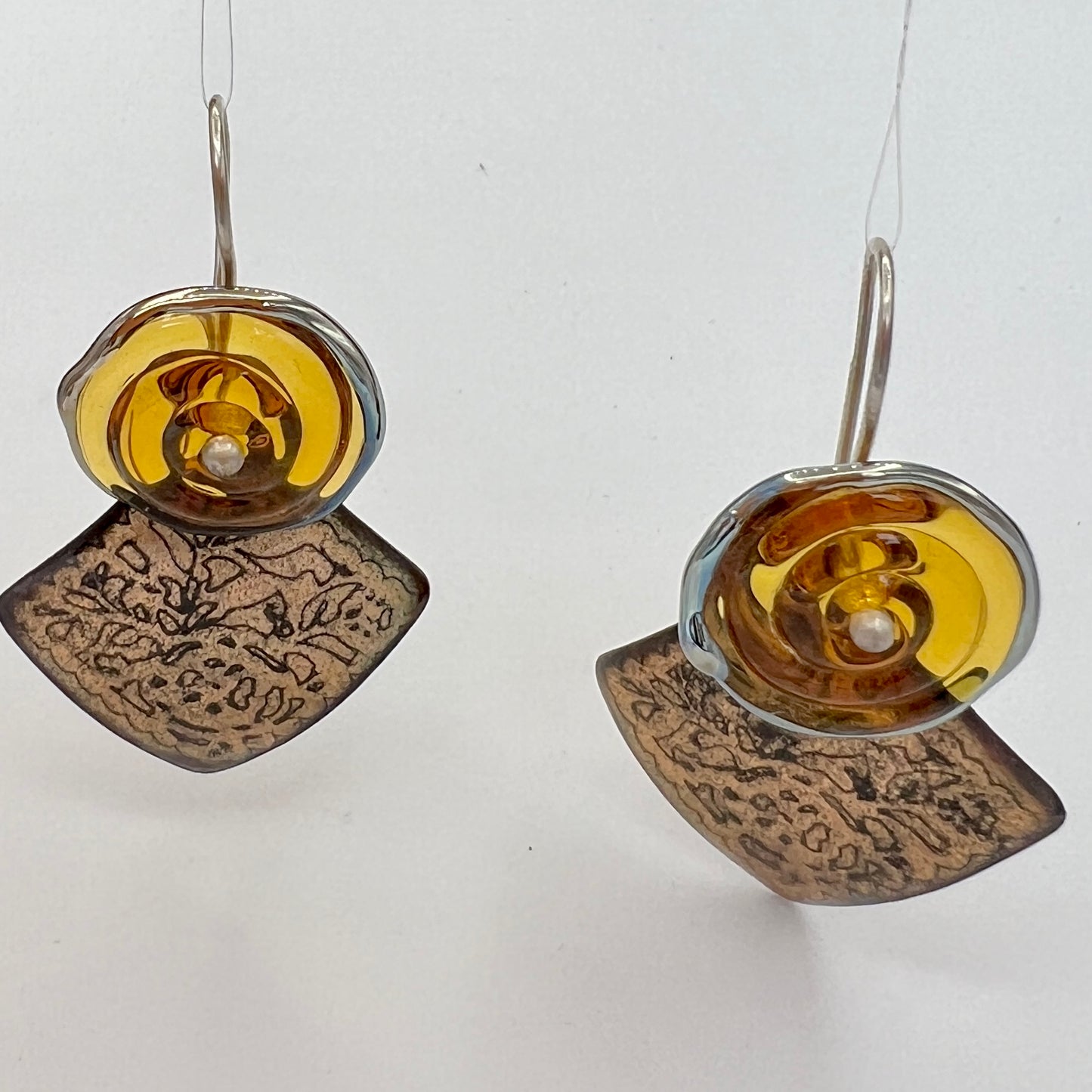 Enamel meet Lamp Work Glass...amber and gold geometric dangles