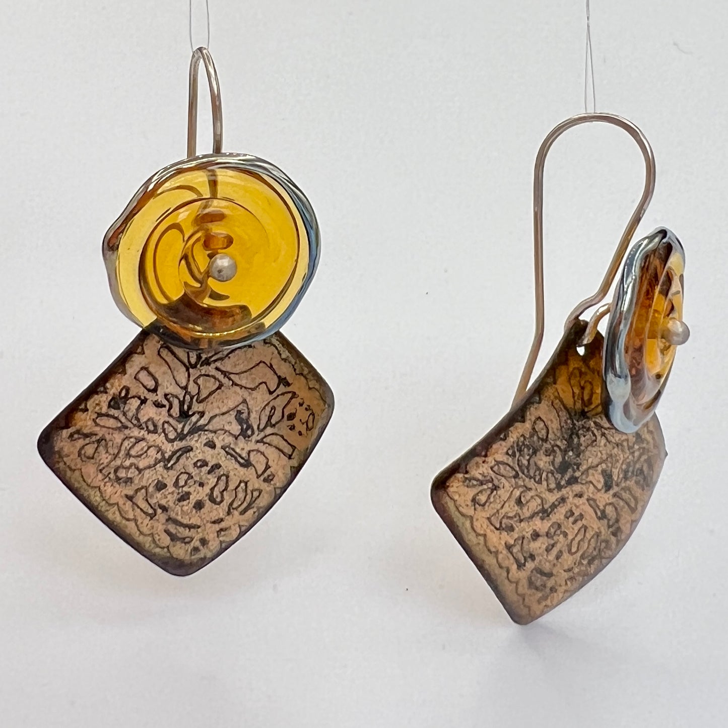 Enamel meet Lamp Work Glass...amber and gold geometric dangles