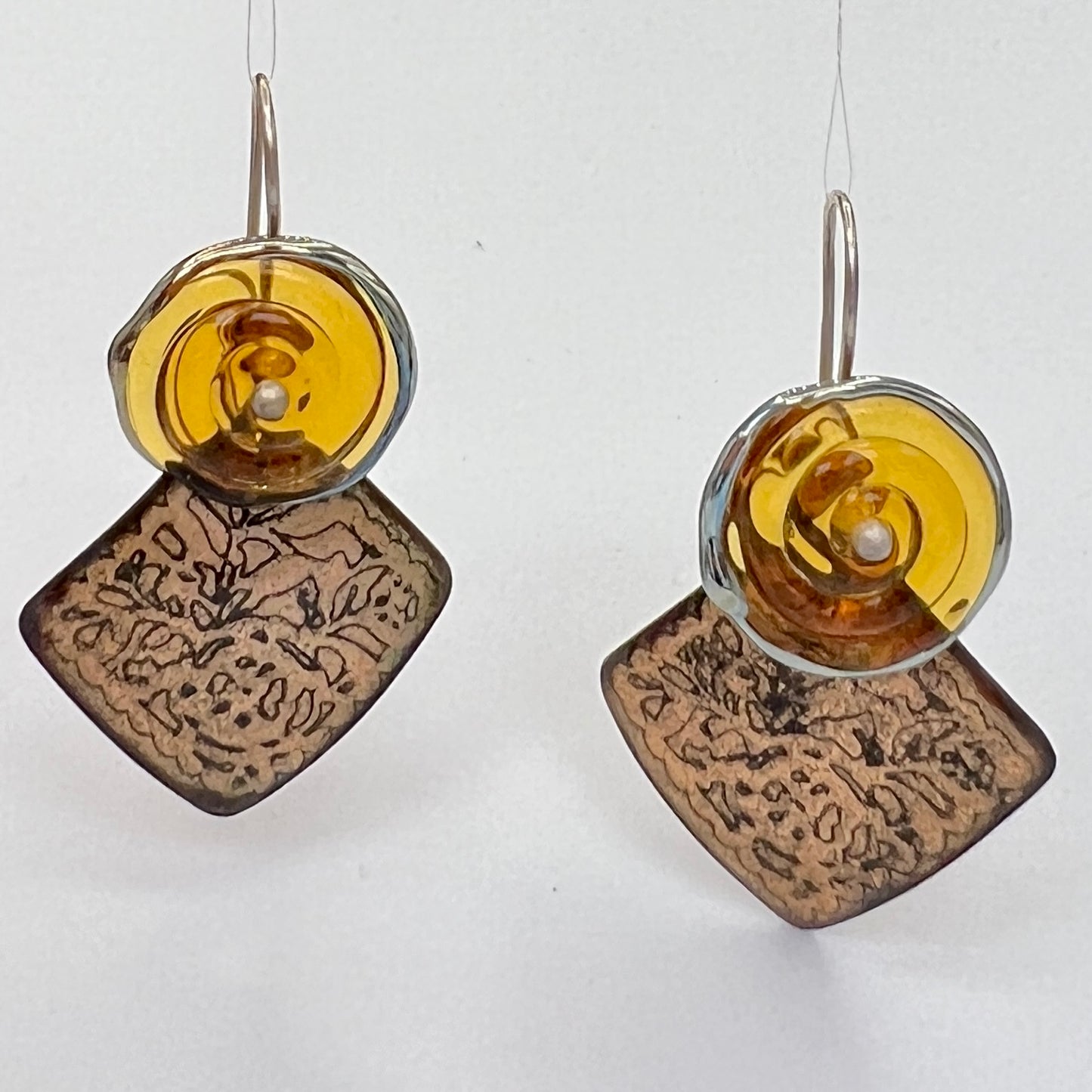 Enamel meet Lamp Work Glass...amber and gold geometric dangles