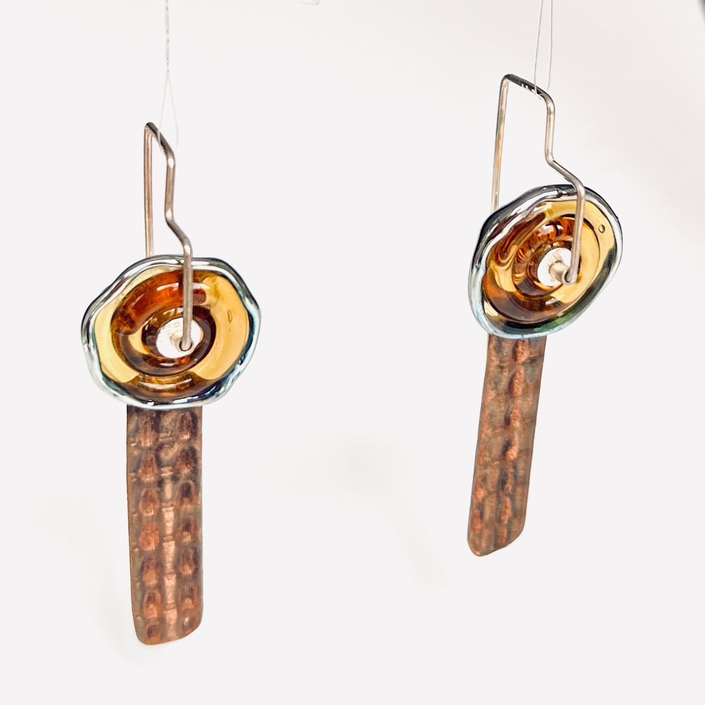 Amber Checkerboard...copper and glass earrings