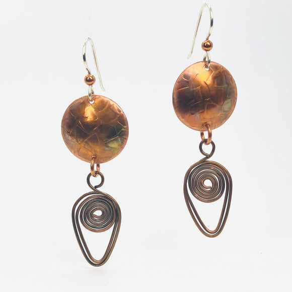 Copper dangle earrings with fabulous texture and rich patina, sterling silver ear wires!