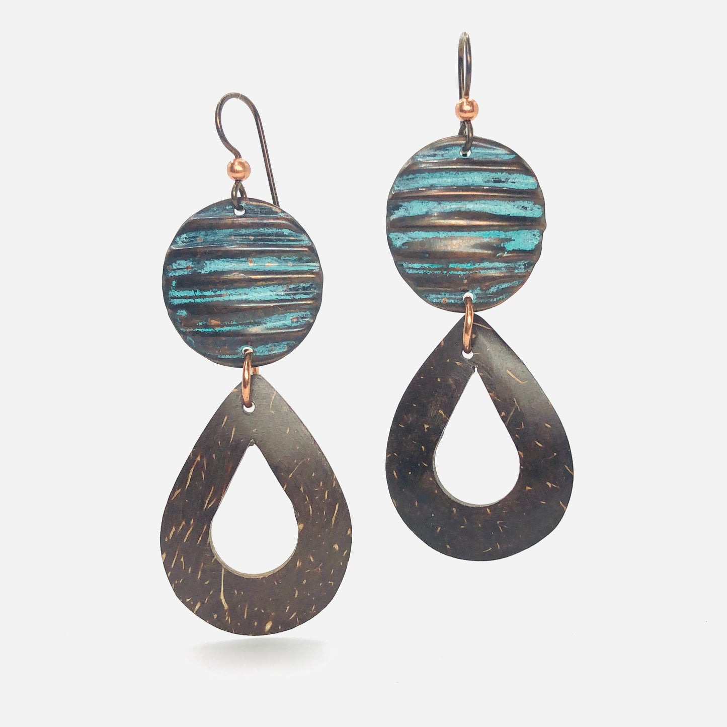 Copper and coconut shell earrings ....fabulous textures, rich patina, surprisingly lightweight!