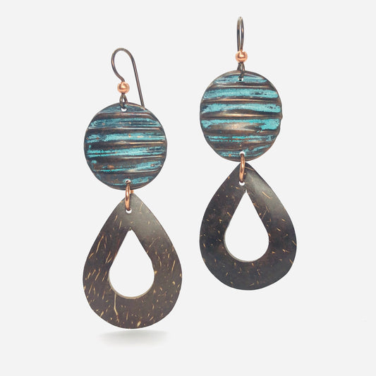 Copper and coconut shell earrings ....fabulous textures, rich patina, surprisingly lightweight!