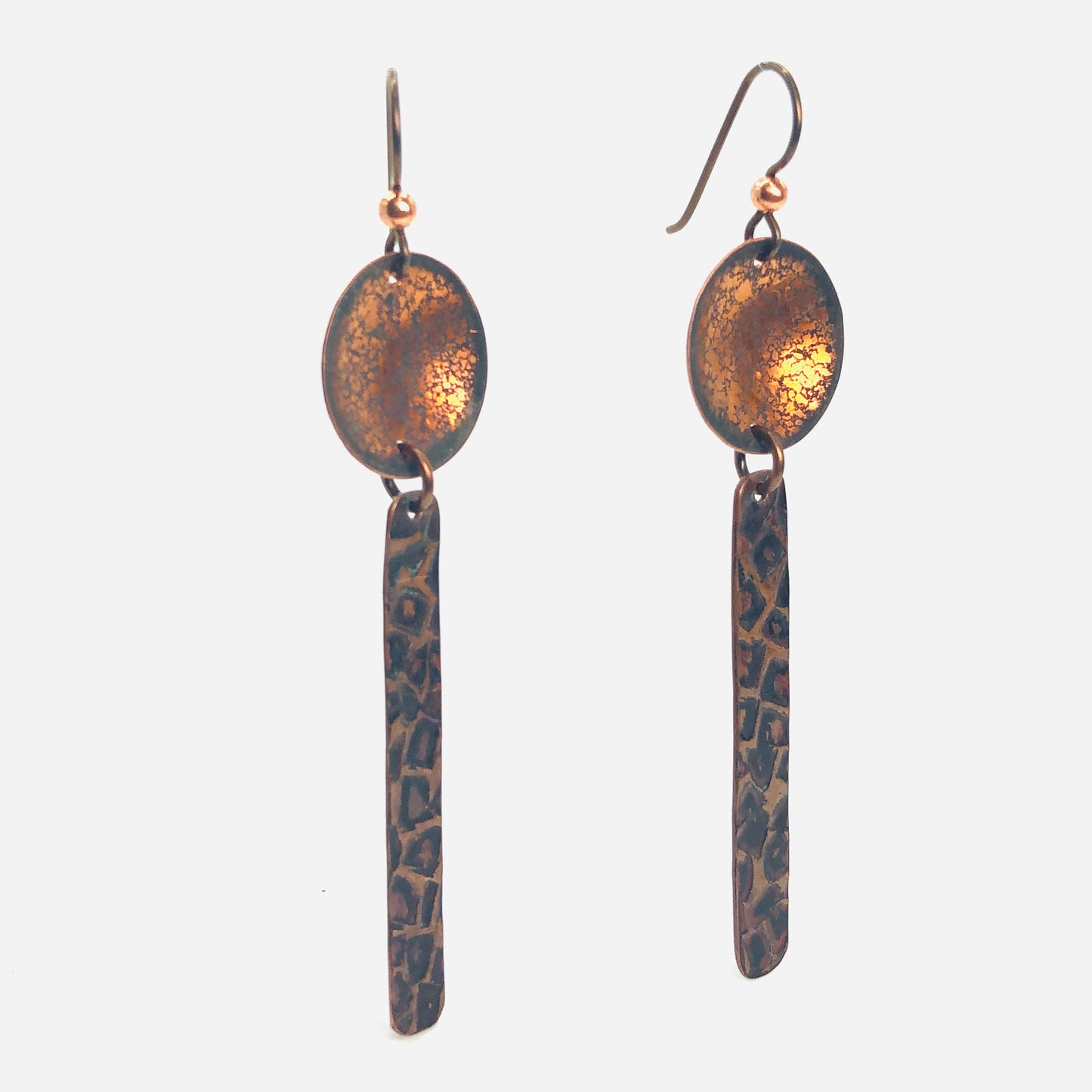 Long, slender and lightweight, these copper earrings have a rich texture and patina!
