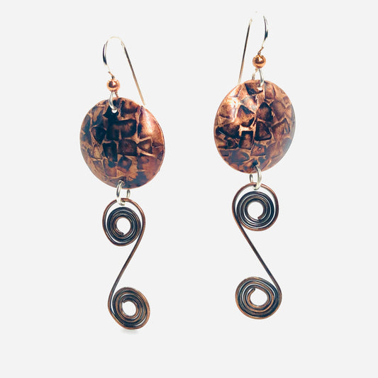 Copper dangle earrings with fabulous texture and rich patina, sterling silver ear wires!