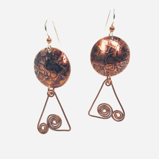 Copper dangle earrings.  Textured and richly oxidized with sterling silver ear wires!