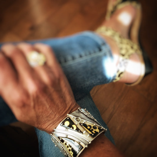 Dramatic cuff bracelet 24K gold on black enamel
