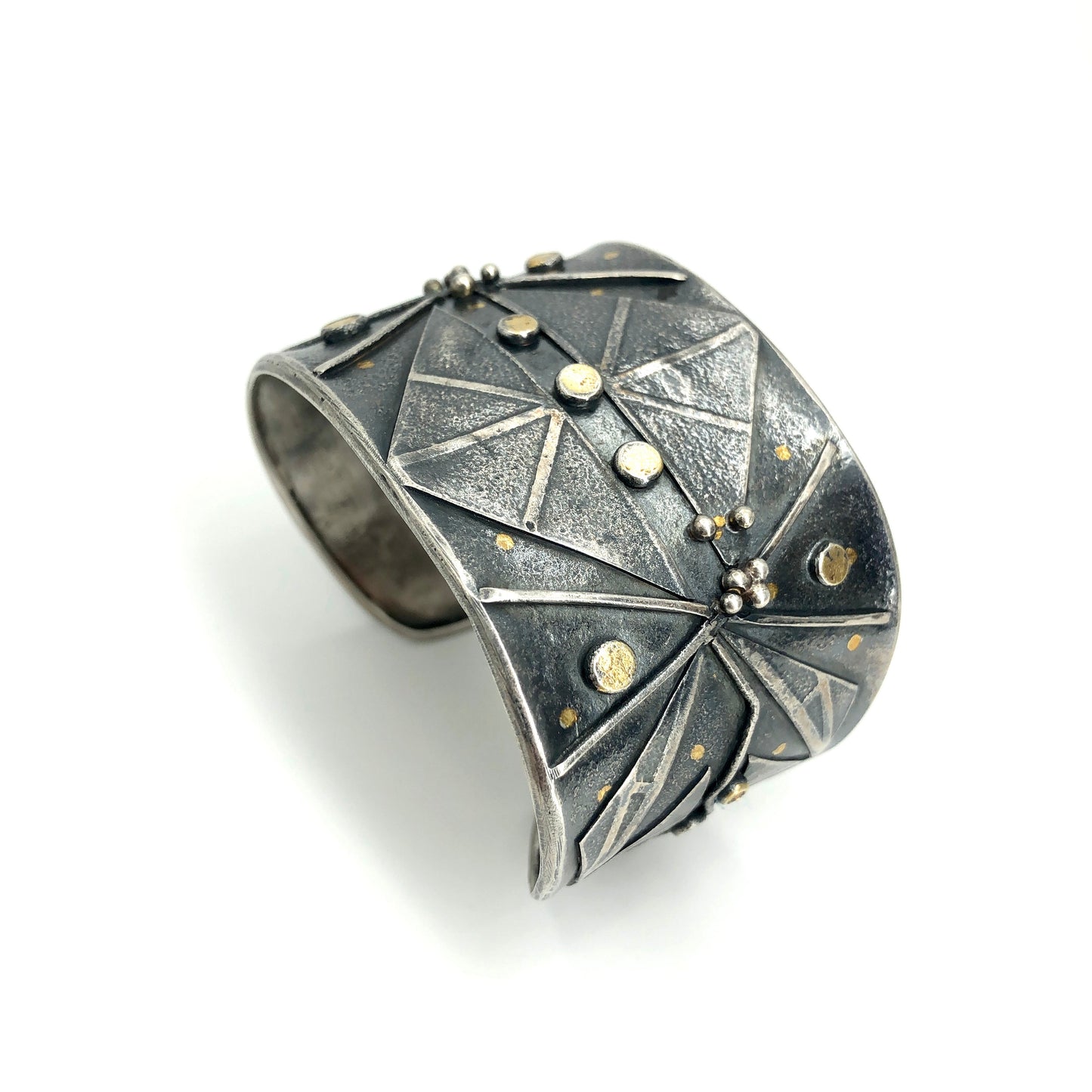 Bold statement cuff bracelet with an Art Deco Vibe!   24K gold accents on deeply textured cuff bracelet commands attention!