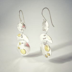 Handmade one-of-a-kind 3 Part Dangle Earrings in Bright Polished Sterling with 24K gold accents