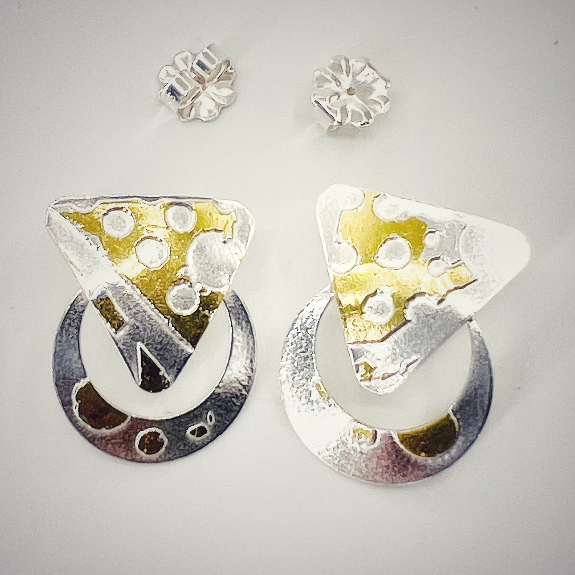 Diana Hirschhorn Shiny and bright sterling silver and 24K gold post back geometric earrings , architectural vibe.  One of a kind, modern.