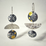 Deeply textured one -of-a-kind acid etched sterling silver asymmetrical dangle earrings with 24K gold accent