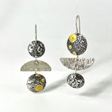 Deeply textured one -of-a-kind acid etched sterling silver asymmetrical dangle earrings with 24K gold accent