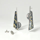 Handmade, one of a kind bold, contemporary geometric post earrings are stunning! Oxidized sterling silver and 24k gold.