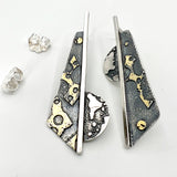 Handmade, one of a kind bold, contemporary geometric post earrings are stunning! Oxidized sterling silver and 24k gold.