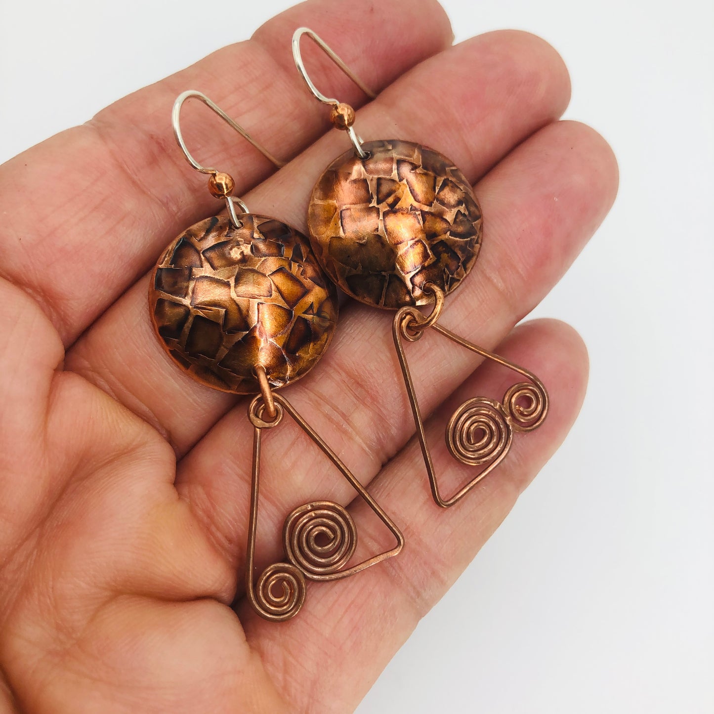 Copper dangle earrings.  Textured and richly oxidized with sterling silver ear wires!