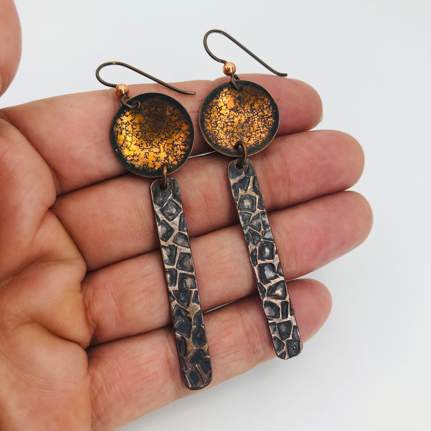Long, slender and lightweight, these copper earrings have a rich texture and patina!