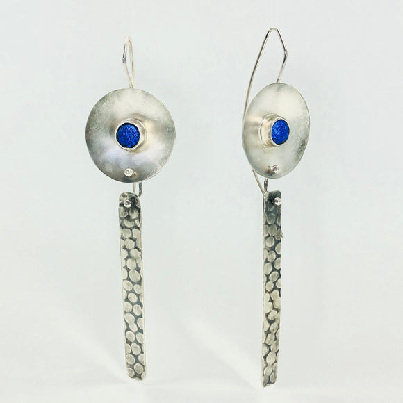 Sterling silver dangles with blue cabochon artful handmade art jewelry by Diana Hirschhorn