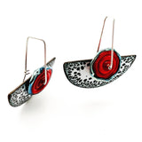 Handmade vitreous enamel art jewelry dangle earrings in black, white and red.