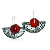 Handmade vitreous enamel art jewelry dangle earrings in black, white and red. 