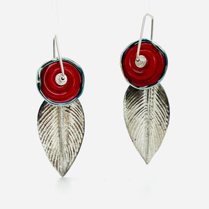 Red lamp work glass and sterling silver leaf shape dangle earrings